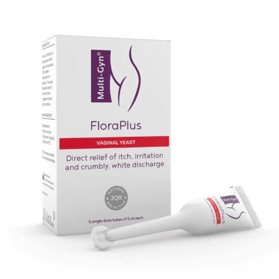 Multi - Gyn FloraPlus 私处护理凝胶包装盒与一支单次剂量管装凝胶的组合展示。