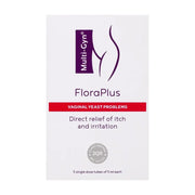 Multi - Gyn FloraPlus 私处护理凝胶包装盒正面，显示 2QR 专利技术标识及 5 支装规格。