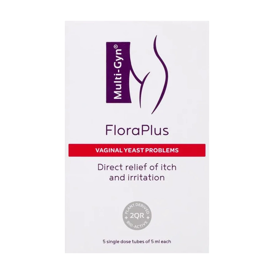Multi - Gyn FloraPlus 私处护理凝胶包装盒正面，显示 2QR 专利技术标识及 5 支装规格。