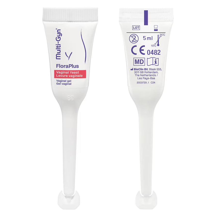 Multi - Gyn FloraPlus 5ml 单次剂量管装凝胶的正反面细节，显示使用说明和生产信息。