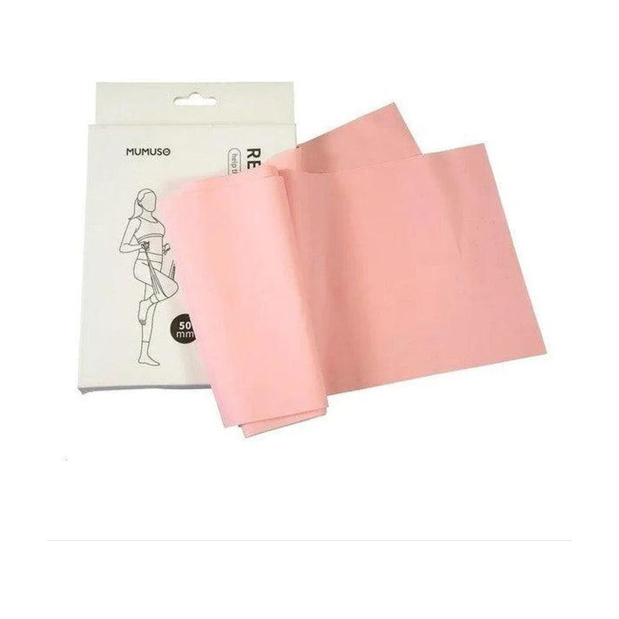 MUMUSO 品牌粉色腿部塑形弹力带及其白色外包装盒，包装上印有健身女性插画和 50mm 规格字样。
