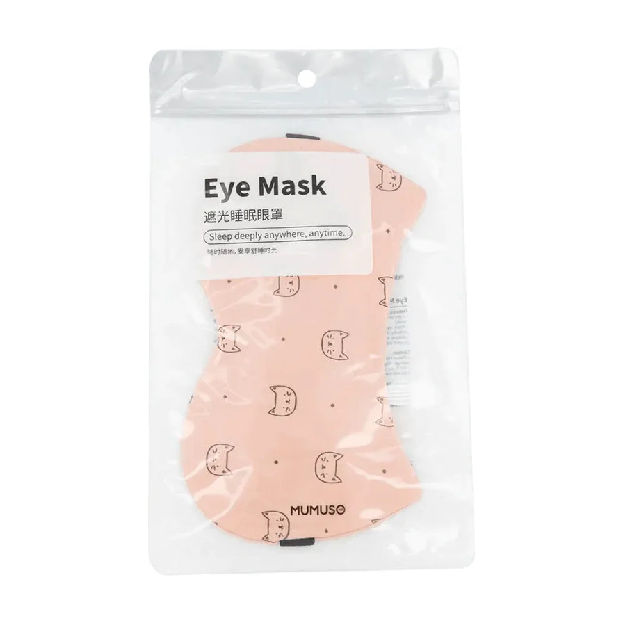 MUMUSO 木槿生活粉色猫咪图案遮光睡眠眼罩，透明包装袋展示，印有 Eye Mask 字样。
