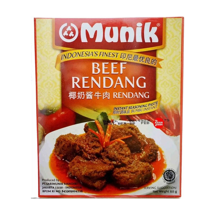 Munik印尼椰香牛肉咖喱调料包正面包装图，展示了浓郁的牛肉咖喱成品图。