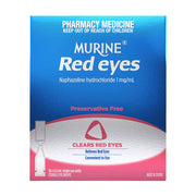 Murine Red eyes 去红血丝眼药水盒正面，蓝粉配色包装，标注无防腐剂、盐酸萘甲唑啉 1 mg/mL、10 x 0.6 mL 单剂量装。