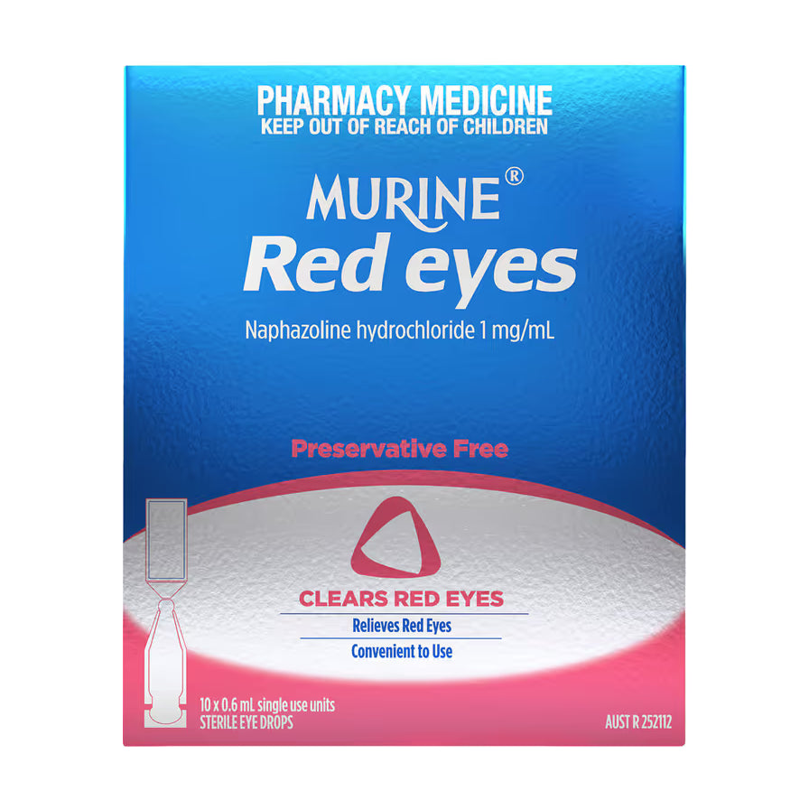 Murine Red eyes 去红血丝眼药水盒正面，蓝粉配色包装，标注无防腐剂、盐酸萘甲唑啉 1 mg/mL、10 x 0.6 mL 单剂量装。