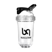 MUSCLETANK 肌肉坦克全透明 Tritan 材质摇摇杯，带有黑色杯盖和品牌 Logo，展示其简约坚固的设计。