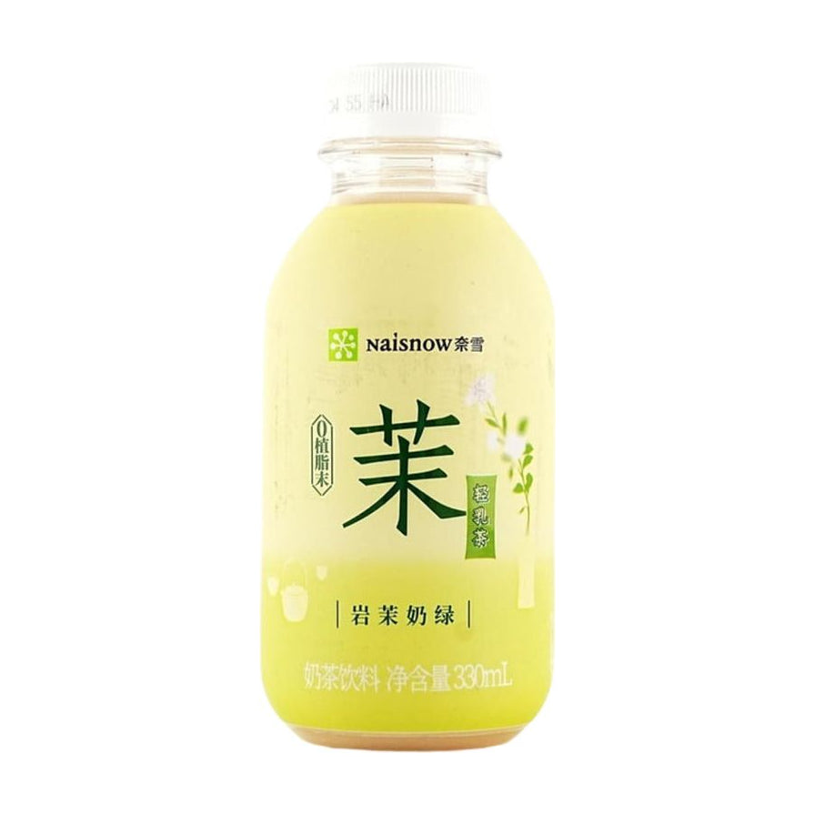 奈雪岩茉奶绿轻乳茶330ml瓶装，包装呈现淡绿色调，印有茉莉花图案及0植脂末标识。
