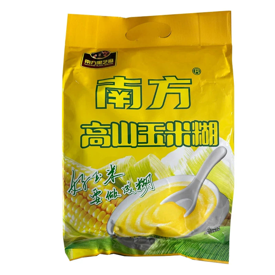 南方高山玉米糊原味黄色包装袋，正面印有新鲜玉米和一碗细腻的黄色玉米糊。