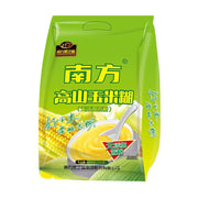 南方高山玉米糊无添加蔗糖版绿色包装袋，正面印有玉米图案和冲调好的玉米糊碗装效果图。