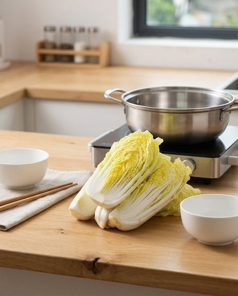 娃娃菜特写展示脆嫩纹理，一人食份量刚好放入小冰箱。