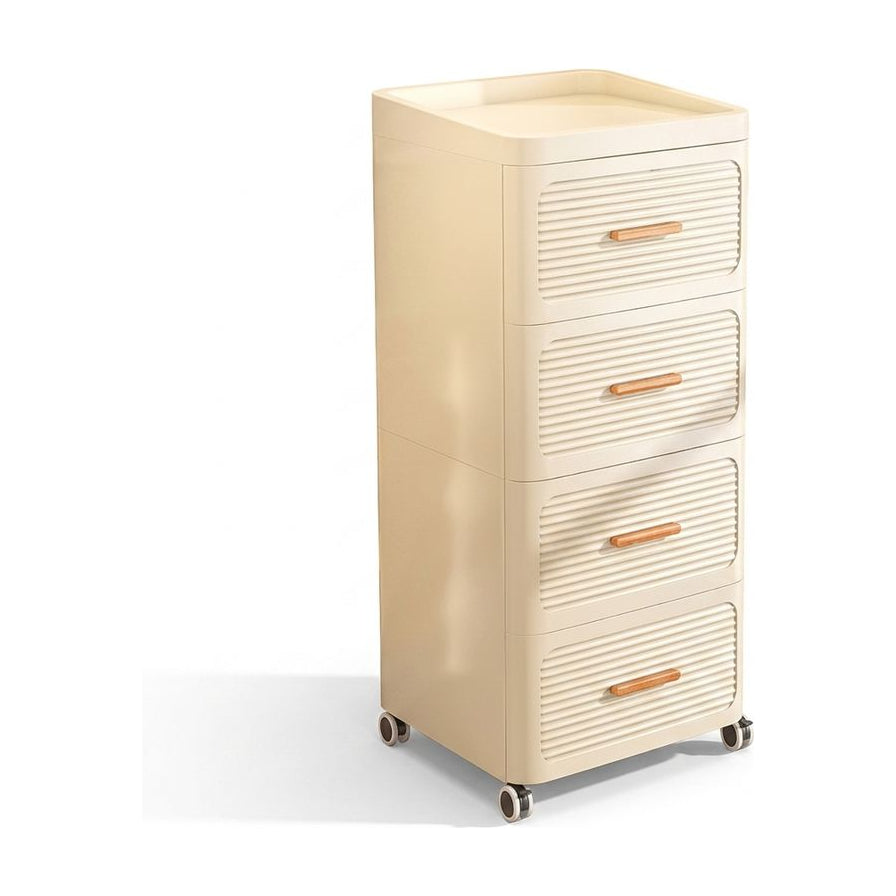 白色背景下的四层窄缝抽屉式收纳柜，米白色柜身配有木质拉手，底部带有万向轮。