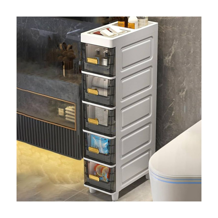 放置在卫生间马桶旁的收纳柜场景图，顶部放置洗漱用品，抽屉内可见杂物。