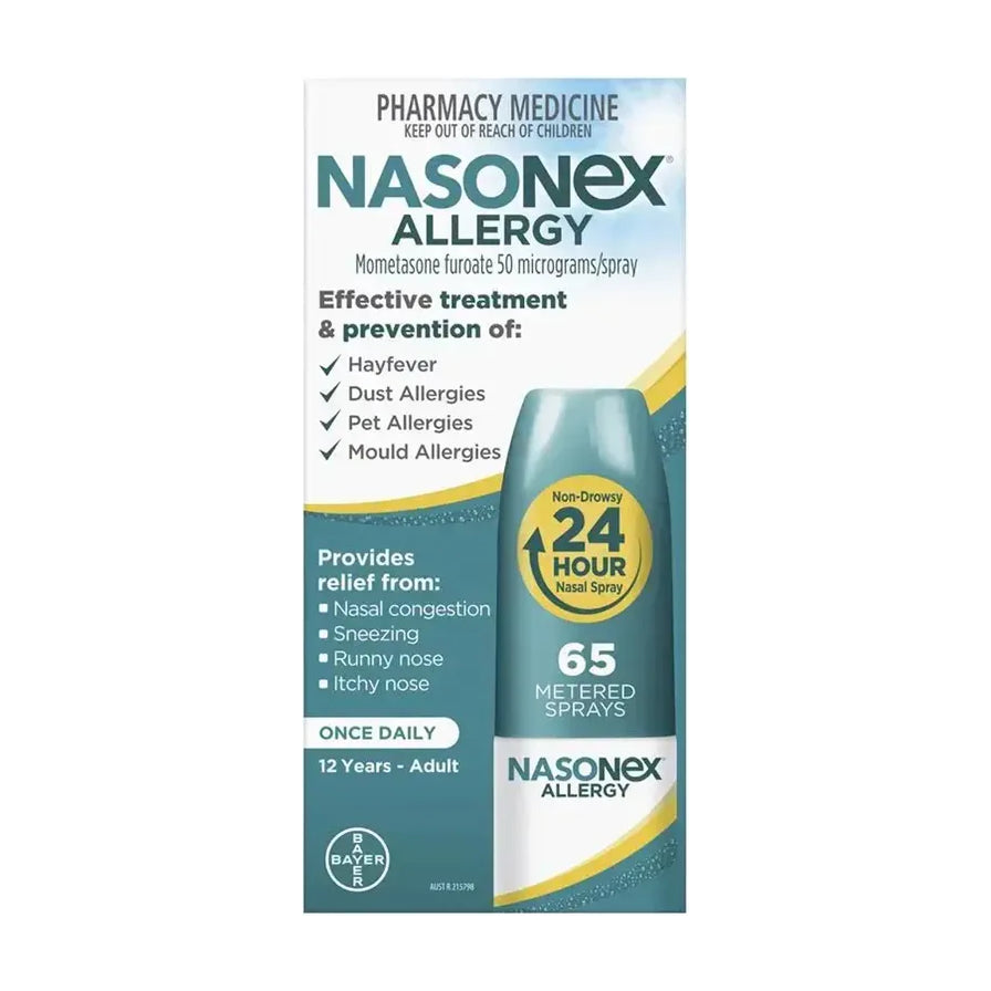 Nasonex内舒拿过敏性鼻炎喷雾包装盒与瓶身，标注24小时长效缓解及65喷规格