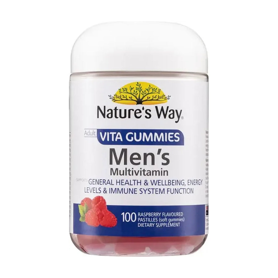 Nature’s Way 男性复合维生素软糖瓶身正面，白色瓶盖，正面标签写有 Men’s Multivitamin、VITA GUMMIES 和 100 Raspberry Flavoured