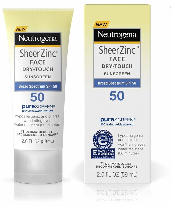 露得清矿物防晒霜 SPF50 正面瓶身图，白色包装，敏感肌专用