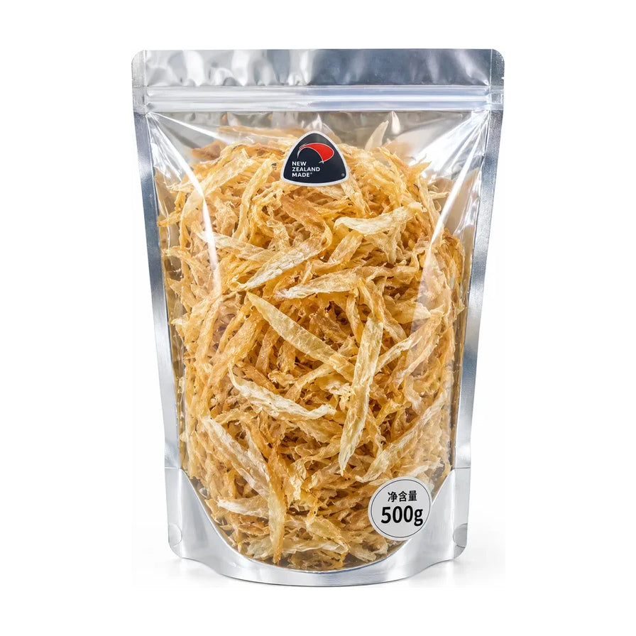 新西兰金钩翅边500g透明自立袋包装，展示内部金黄色干货食材，包装正面带有New Zealand Made品牌标识及净含量500g字样。
