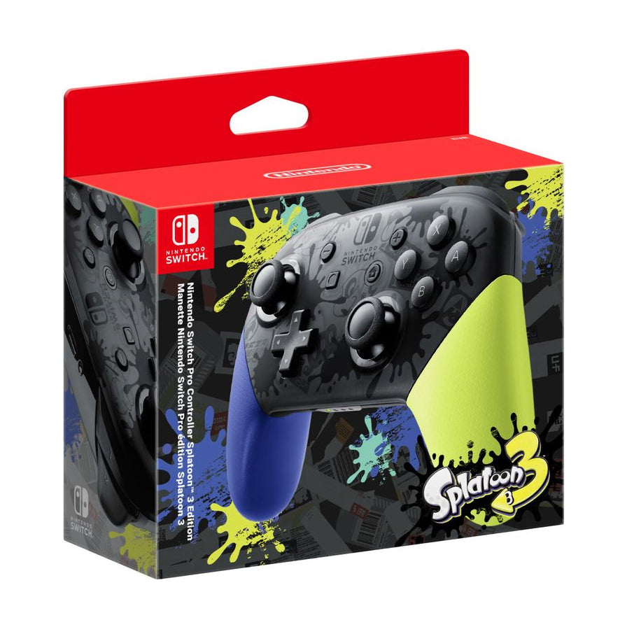 任天堂 Switch Pro 手柄喷射战士 3 限定版的外包装盒，红色顶盖，侧面印有 Splatoon 3 游戏标志和手柄渲染图。