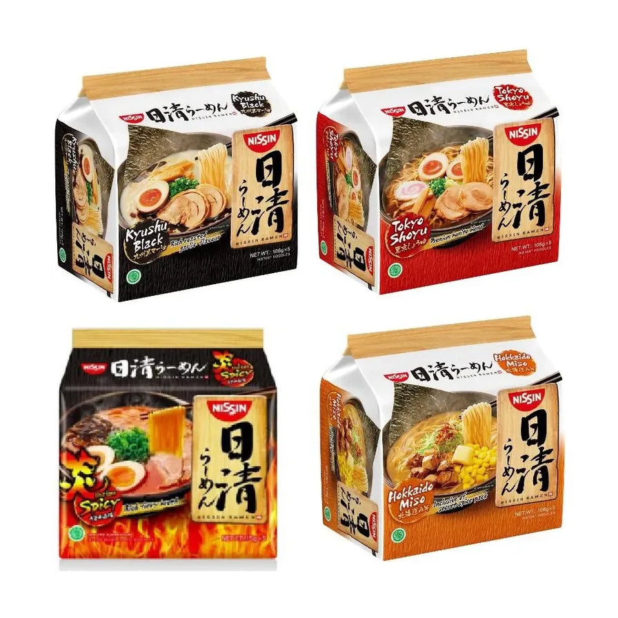 四款不同口味的日清风味拉面包装展示，包括九州黑蒜油、东京酱油、北海道味增和激辛口味。