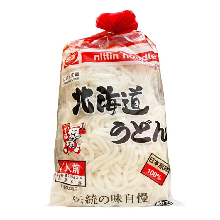 Nittin 北海道风乌冬面 800g 独立包装正面图，展示四包一人份小袋装设计