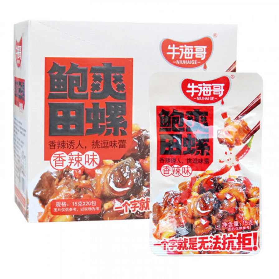 牛海哥鲍爽田螺香辣味外包装盒与独立小包装展示，规格为15克x20包。