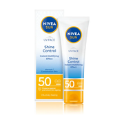 NIVEA 妮维雅抗油光清爽防晒隔离乳 SPF50 产品正面展示，含外包装盒与管身