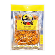1号渔场香辣海蟹包装正面图，透明包装内可见酥脆的小海蟹，包装上有品牌Logo和香辣海蟹字样。