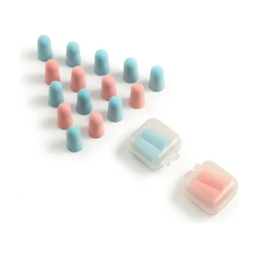 蓝色和粉色隔音耳塞平铺展示，配有透明便携收纳盒，白色背景。