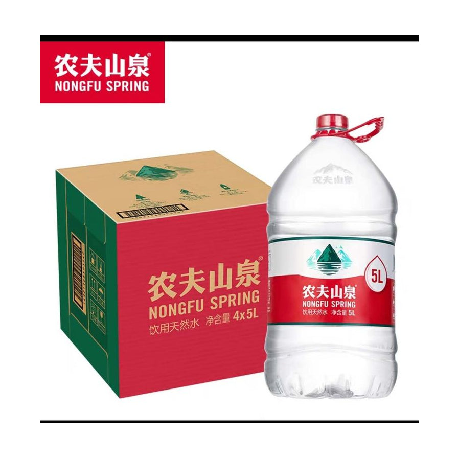 农夫山泉5L饮用天然水单桶与4桶装纸箱包装展示，左上角带有农夫山泉品牌标识。