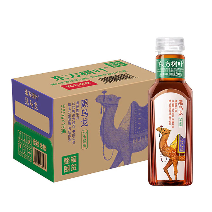 农夫山泉东方树叶黑乌龙茶500ml单瓶与15瓶整箱包装，包装上有紫色骆驼图案。