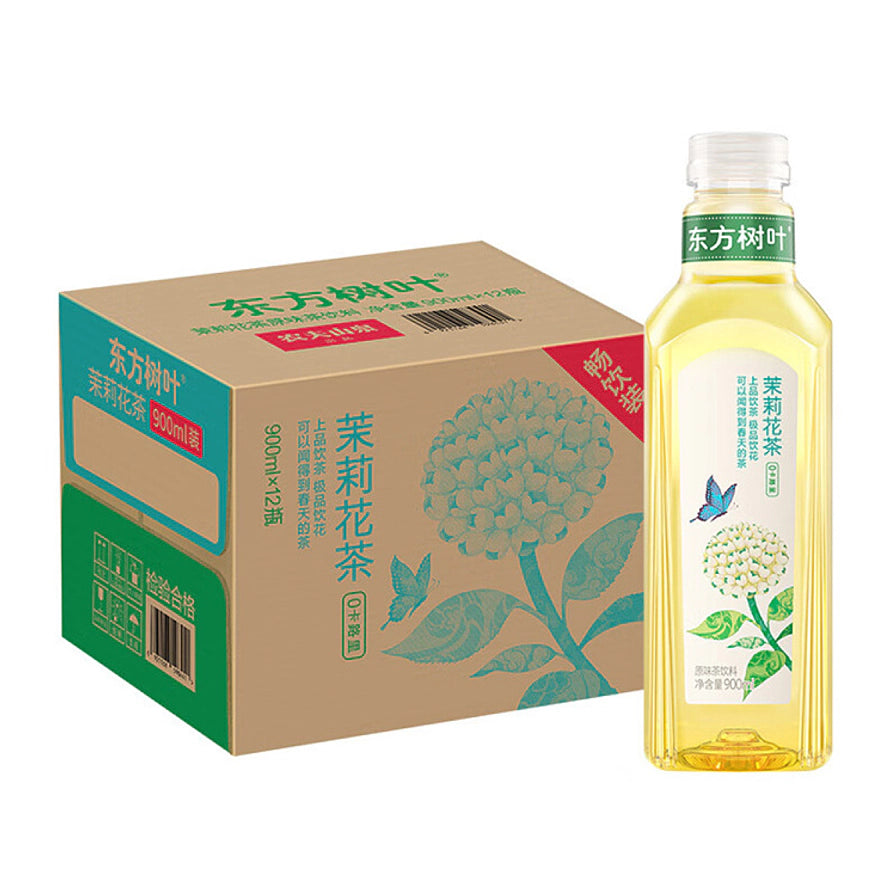 农夫山泉东方树叶茉莉花茶900ml畅饮装单瓶与12瓶整箱包装，包装带有茉莉花图案。