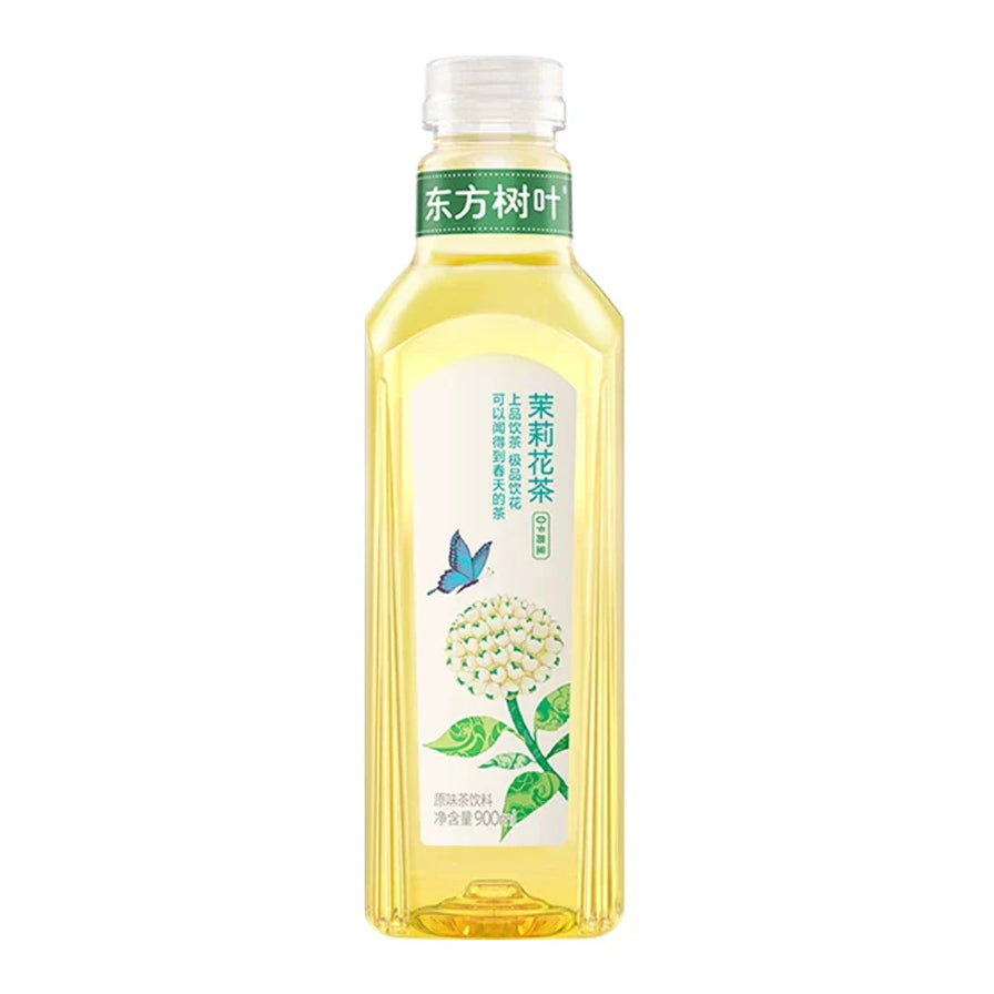 农夫山泉东方树叶茉莉花茶瓶装，瓶身印有白色茉莉花和蓝色蝴蝶图案。