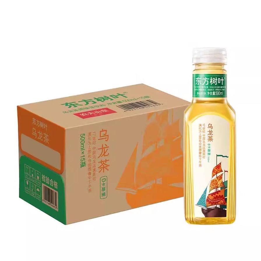 农夫山泉东方树叶乌龙茶500ml单瓶与15瓶整箱包装，包装上有帆船图案。