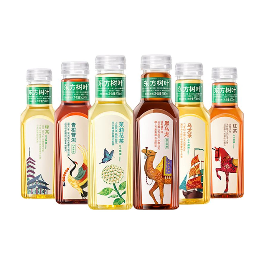 农夫山泉东方树叶系列六款无糖茶饮集合，包括绿茶、青柑普洱、茉莉花茶、黑乌龙、乌龙茶和红茶，500ml瓶装展示。