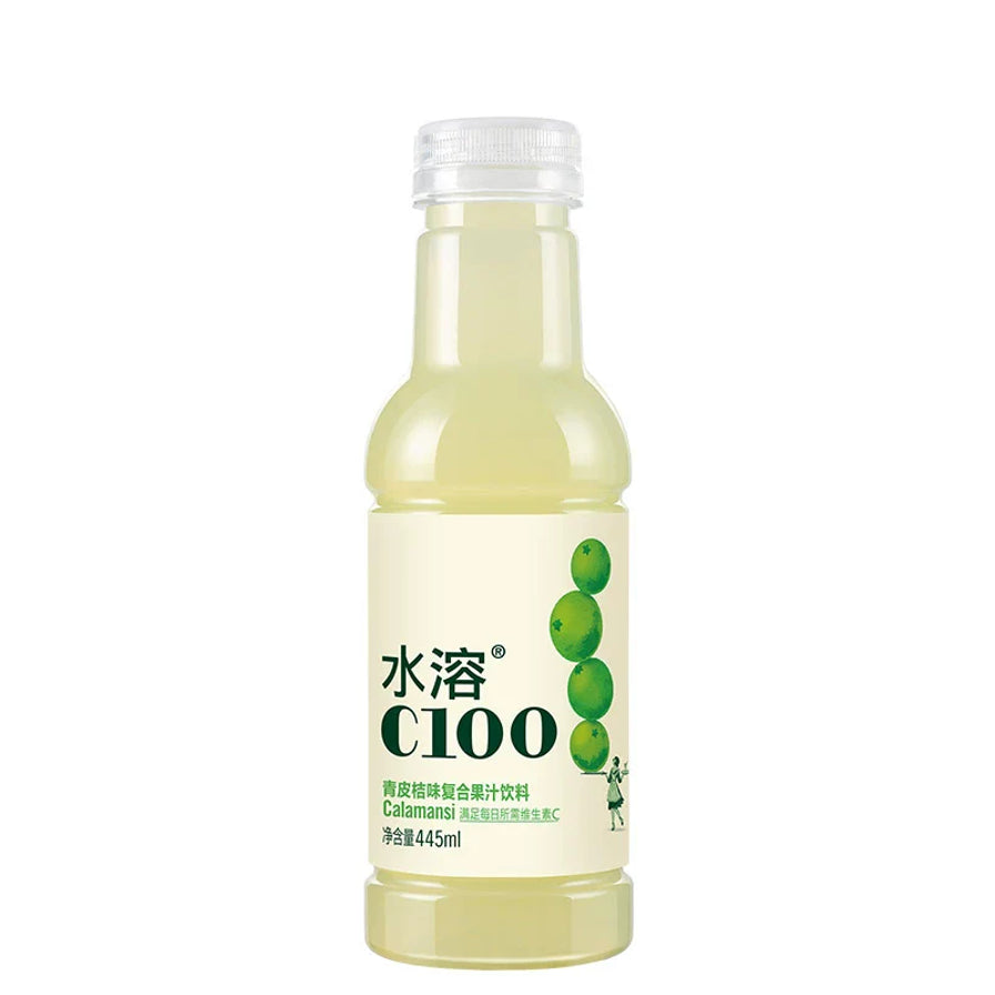 农夫山泉水溶C100青皮桔味复合果汁饮料，445ml瓶装，标签印有青柠图案和水溶C100字样。