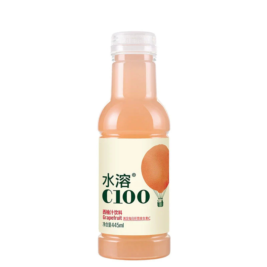 农夫山泉水溶C100西柚汁饮料，445ml瓶装，标签印有西柚热气球图案和水溶C100字样。