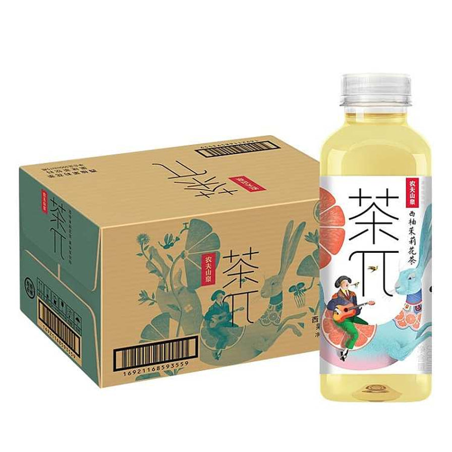一瓶农夫山泉茶π西柚茉莉花茶及其对应的整箱包装盒展示。