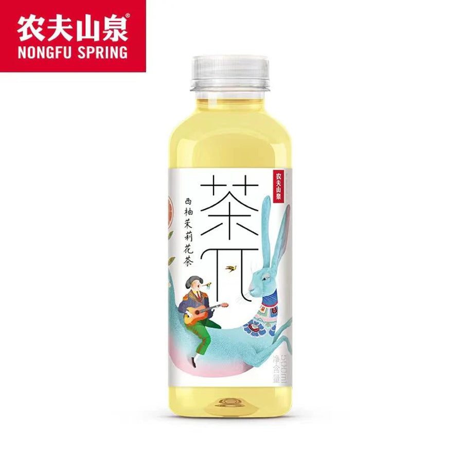 农夫山泉茶π西柚茉莉花茶500ml单瓶装，瓶身印有兔子和西柚插画。