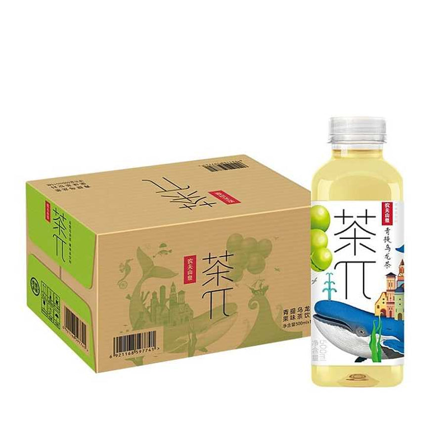 一瓶农夫山泉茶π青提乌龙茶及其对应的整箱包装盒展示。