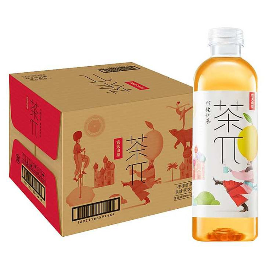 一瓶农夫山泉茶π柠檬红茶及其对应的整箱包装盒展示。