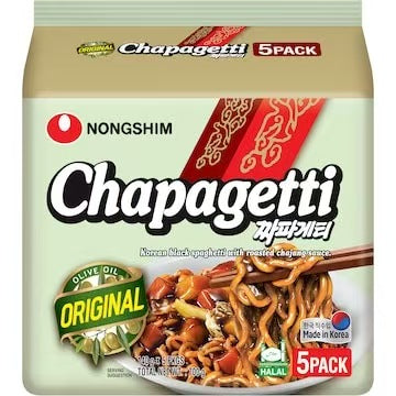 农心 Chapagetti 韩式炸酱面五连包正面包装，展示黑豆酱风味干拌面产品外观