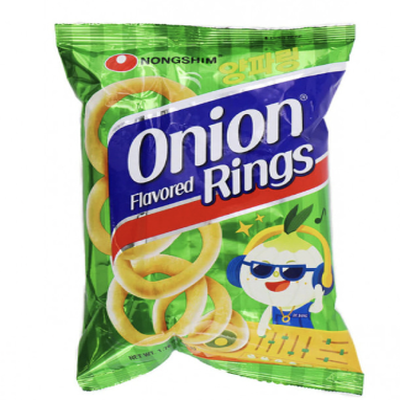 农心洋葱圈 50g 小包装正面图，金黄环状膨化零食