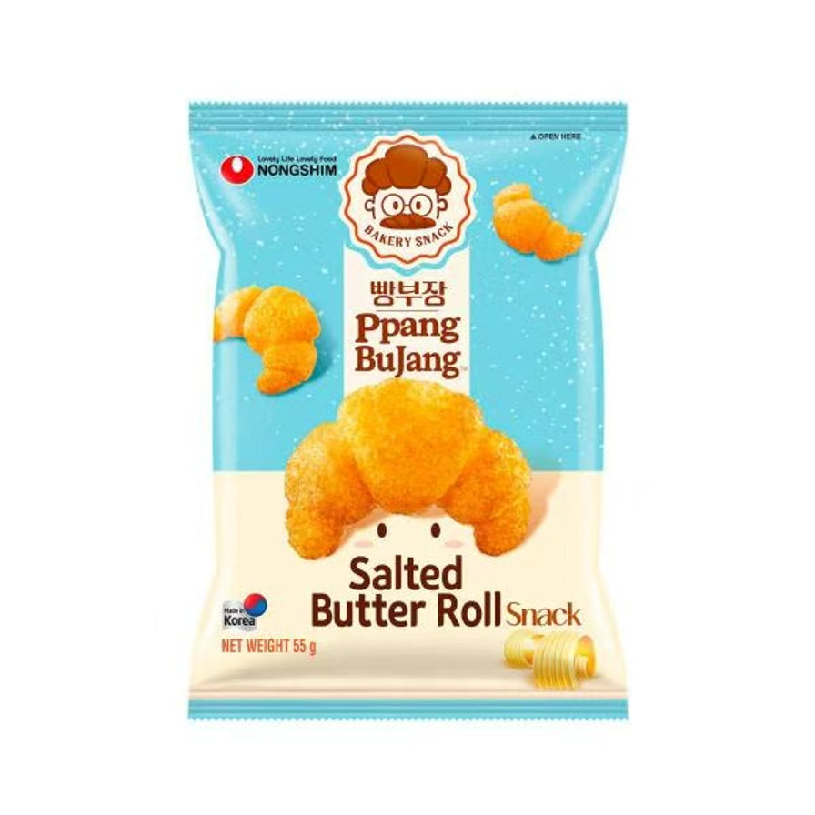 农心 Ppang Bujang 咸牛油味夹心牛角包膨化零食 55g 包装正面图，蓝色包装袋上印有咸牛油牛角包和黄油卷图案。