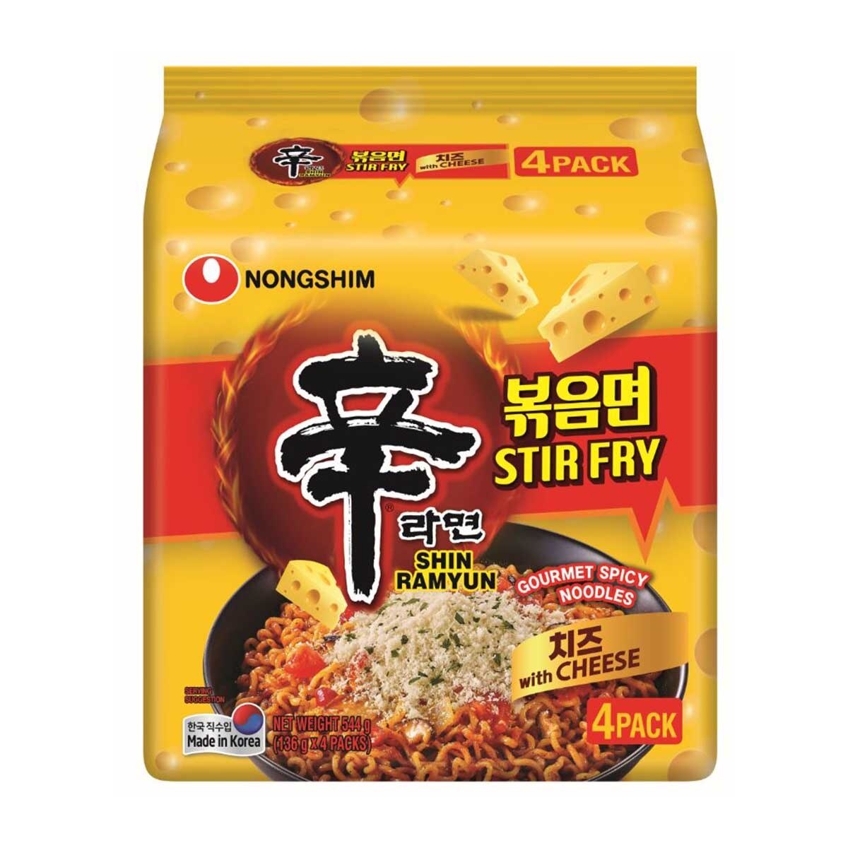农心辛拉面芝士炒面四包入包装正面，展示韩式香辣干拌面产品外观