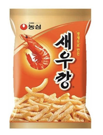 农心鲜虾条原味包装正面，展示金黄色波浪纹理虾条与绿色品牌标识