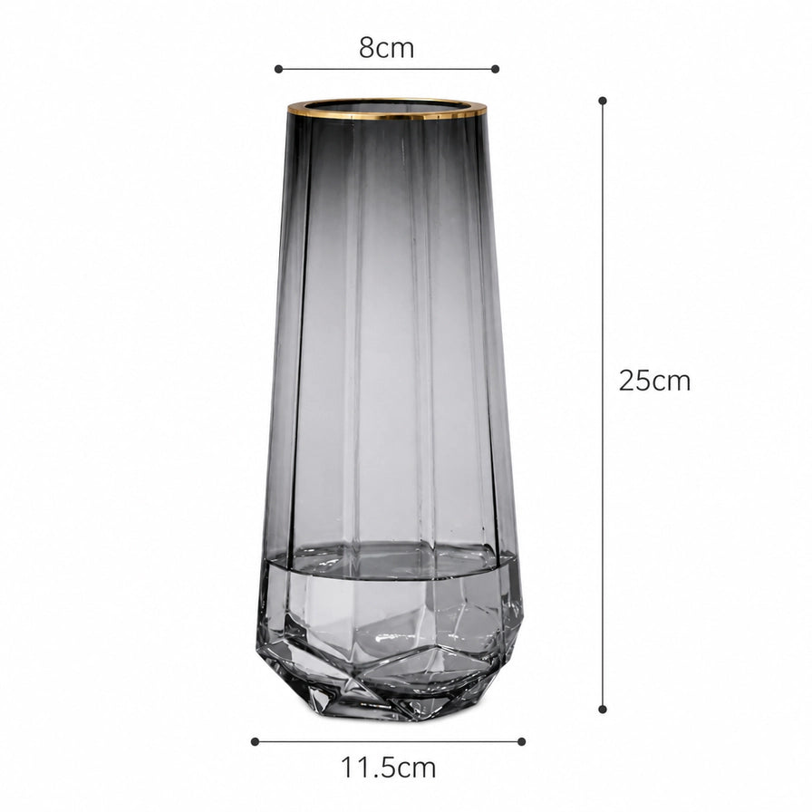 钻石灰金边玻璃花瓶的尺寸标注图，显示高度为25cm，瓶口直径为8cm，底部最宽处为11.5cm。