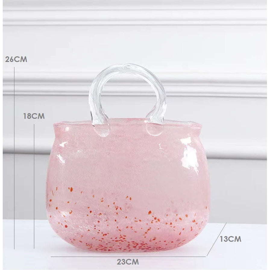 粉色手提包玻璃花瓶的尺寸标注图，显示高度26cm，宽度23cm，厚度13cm。
