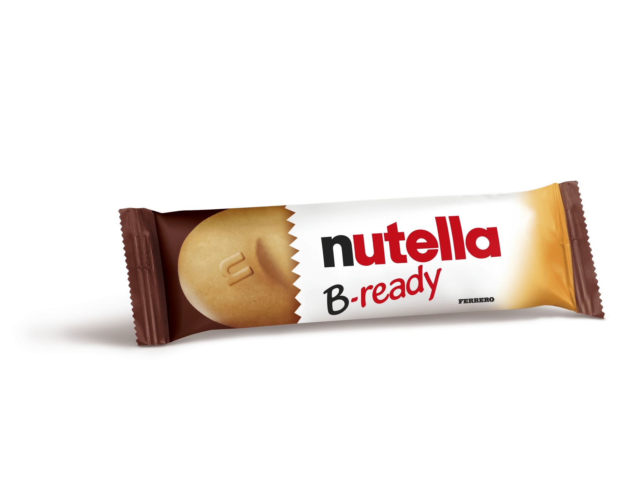 Nutella B - ready 威化棒掰开特写，展示内部榛果酱夹心与酥脆层次