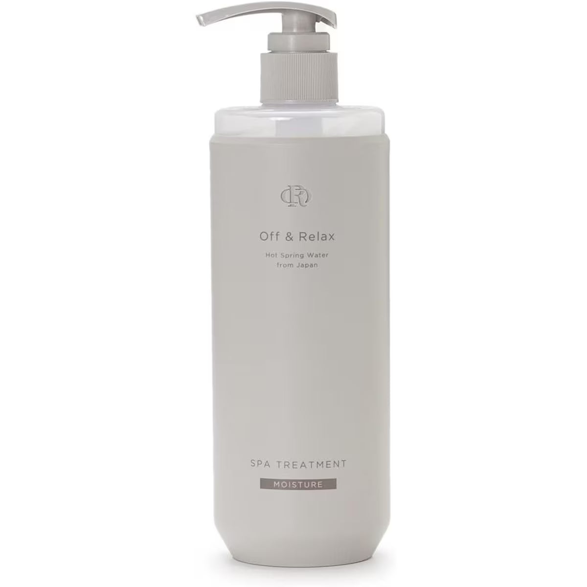 Off & Relax 温泉护发素单瓶，米色磨砂按压泵头瓶身正面图。