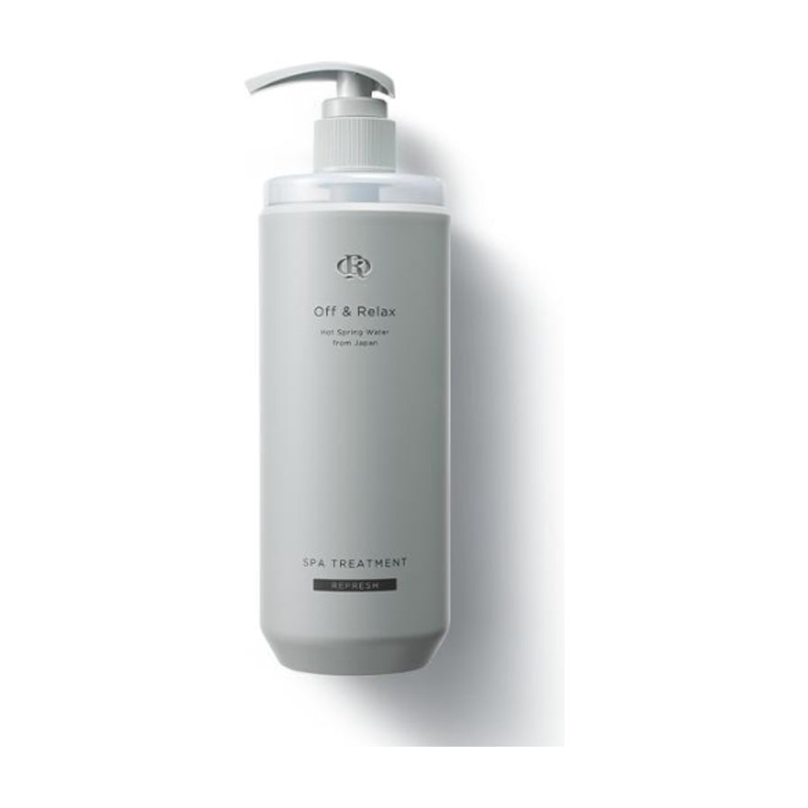 Off & Relax 灰色按压瓶护发素正面图，瓶身印有品牌 Logo、Hot Spring Water from Japan 及 SPA TREATMENT REFRESH 字样。