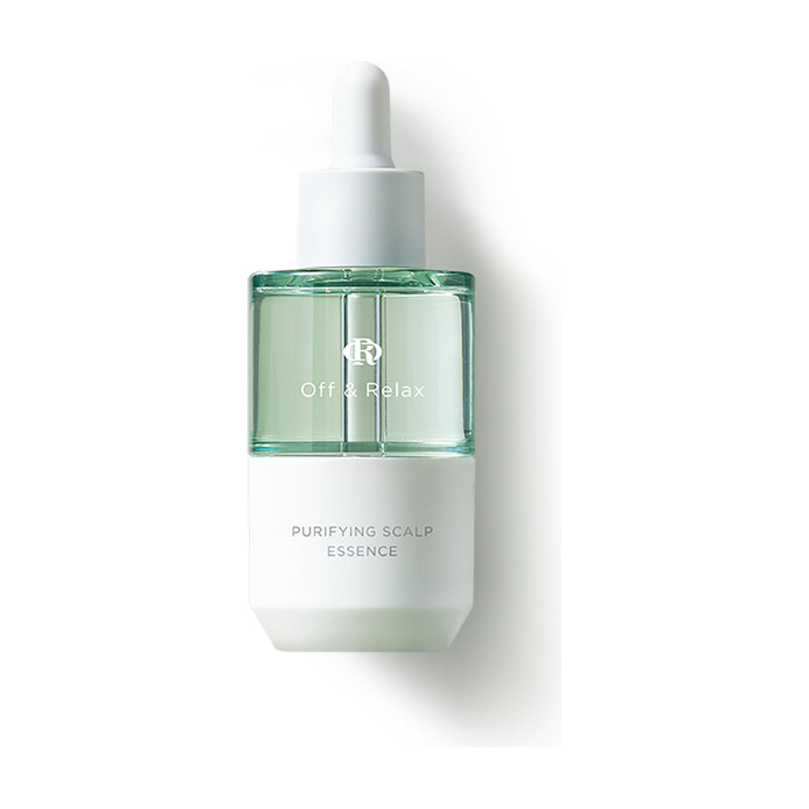 Off&Relax 补水控油护发精华 50ml 瓶装，采用白色与透明浅绿色拼接设计，配有白色滴管盖，黑色背景衬托。